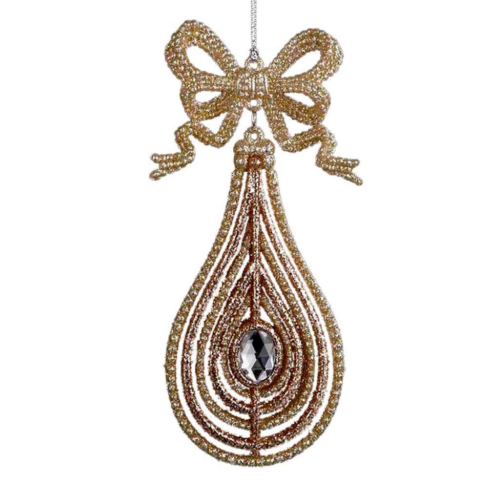 KURT ADLER HOLIDAY Christmas Ornament PLATINUM GLITTERED DROP WITH BOW 6 inches